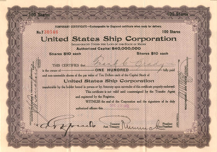 United States Ship Corporation - Stock Certificate